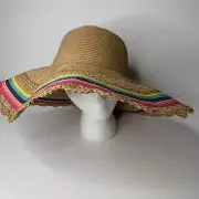 Betsey Johnson Floppy Multicolor Wide Brim Tan Straw Sun Hat with Stripes
