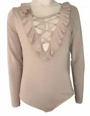 Seed Heritage Light Caramel Frill Tie Long Sleeve Bodysuit Top Size 12 Medium