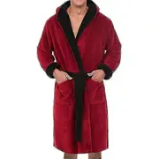 Men Hooded Fleece Dressing Bathrobe-9192339823137 5XL Red