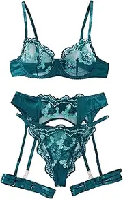 [Zylphorix] Women's Elegant Red Lace Lingerie Set - Floral Embroidered Bra with Adjustable Straps & Matching High-Waist Garter Panty
