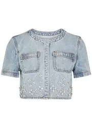 Self-portrait Crystal-embellished Cropped Denim top - 10 (UK10 / S) 10 (UK10 / S)