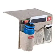 Linen Bedside Caddy, Bedside Storage Organizer for Magazine, 4 Pockets Beige