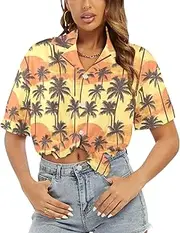 [Generic] Women's Short Sleeve T Shirt, Comfy Button Down T-Shirt,Soft Beach Summer Tops Blouses, Retro Sunset Palms-18