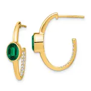 14k Yellow Gold Oval Created Emerald and Real Diamond J-Hoop Earrings