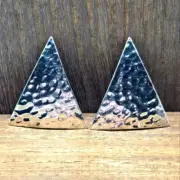 Signed Monet 90's Hammered Metal Triangle Earrings Clip-On Silver Tone Statement