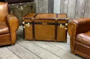 Handmade Vintage Tan Leather Travel Trunk Coffee Table Perfect Christmas Decor