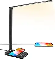 JOSTIC LED Desk Lamp with Wireless Charger, USB Charging Port, 10 Brightness, 5 Color Modes, Desk Lamps for Home Office, Dimmable Table Lamp Eye Caring Reading Light, Touch Control, Auto Timer, Black