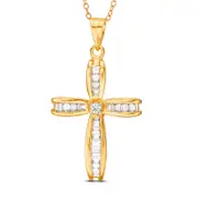 0.88 CT. T.W. Baguette and Round Natural Diamond Cross Pendant in 14K Gold