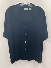 Chico’s Travelers Women’s Short Sleeve Button Front Black Top Leopard Buttons 1