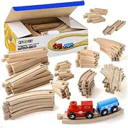 Play22 Wooden Train Tracks - 52 PCS Wooden Train Set + 2 Bonus Toy Trains - Train Sets for Kids - Car Train Toys is Compatible with Thomas Wooden Railway Systems and All Major Brands - Original - by