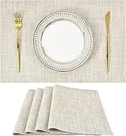 Rustic Faux Linen Place Mats Set of 4 Farmhouse Double Layer Place Mats Beige Heat Resistant Washable Table Mats for Kitchen Dining Party Banquet 12x18 inch