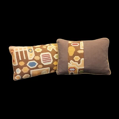 Clarence House AZTEC Wool Crewel Fabric Pair of Pillows & Down Feather Inserts