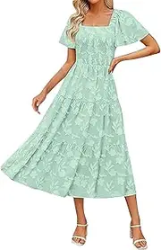 [Generic] Women's Summer Boho Floral Midi Dresses Ladies Casual Short Sleeve Square Neck Flowy Beach Vacation Summer Dresses Black Wrap Bodycon Mini Party Velvet Dress Teenager Girls Blue