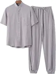 [NTWSHS] Chinese Clothing Chinese Clothing Tang Suit Men Hanfu Kung Fu Uniforms Short Sleeve and Pants, Cotton Linen Tai Chi Clothes Martial Arts Suit Breathable Zen Meditation Uniform Shirt(Gray,XX-Large)