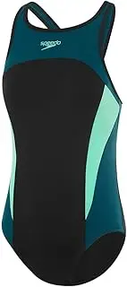 [Speedo] Women's High Neck Splice Crossback Swimsuit One Piece Swimsuit, Dark Teal, 34