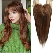 4"x5.5" Real Human Hair Toppers Wigs with Bangs Silk Base Clip Pieces Straight Topper Hairs for Women Hair Extension(14 inch,Chocolate Brown)