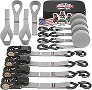 Vehiclex 4 Ratchet Straps Set (1" x 15', 2200lbs Breaking Strength) - Soft Loops, Coated S-Hooks, Comfortable Handle, Storage Bag - Tie-Down Straps for ATV, Motorcycle, Bicycle, Kayak, Cargo Securing