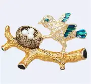 Bird Guarding Nest w Pearl Eggs Rhinestone Crystal Brooch Pin B746