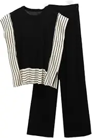 [HEYDHSDC] Women Knitted Sweater Suits Loose Sleeveless Pullover + Elastic Long Pants Print Casual Knitted Two Pieces Sets