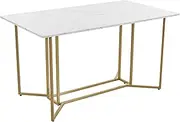Rectangular Dining Table 140x80cm White Marble Pattern Top Metal Frame with Geometric Curved Legs Adjustable Feet Kitchen Table for Living Room and Office (Gold)