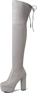 [AORUIDA] Womens Ladies Thigh High Over The Knee Stretch Riding Boots Autumn and Winter Suede Platform Block Heel Long Boots,Light Gray,35 EU