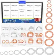 Glarks 160pcs Copper & Aluminum Oil Drain Plug Crush Washer Gasket Assortment, M6 M8 M10 M12 M14 M16 M18 M20 Copper Crush Washer and Aluminum Oil Plug Gasket Set