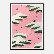 Galrie Exquisite Traditional Japanese Cloud and Birds Art Print for Serene Home Decor, Black Frame, 50 x 70cm (20 x 28inch)
