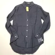 New $160 PURE AMICI High-Lo Button Shirt Women MEDIUM M Navy Blue 100% Linen Top