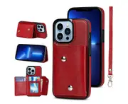 Case for iPhone 13 Pro Max, Leather Wallet Case With Card Pockets Back Flip Shockproof Cover Case-Red