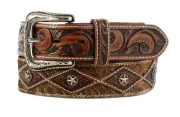 Ariat Western Mens Belt Leather Calf Hair Floral Conchos Brown A1039402