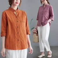 在飛比找ETMall東森購物網優惠-棉麻七分袖立領寬松格子提花襯衫