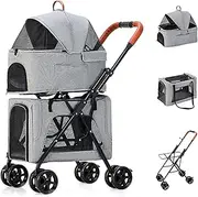 Double Pet Pram Stroller, Lightweight Pet Strollers for Dogs and Cats, Pet Gear 4 Wheel Dog Pram Pet Stroller Pushchair Great for Twin or Multiple, Breathable Travel Carrier, Gray