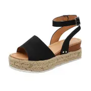 Catzon Womens Wedge Sandals Platform Espadrilles with Ankle Strap Open Toe-Black