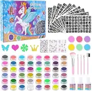 AYBUY Glitter Tattoo Set, Glitter Tattoo Set for Children in 54 Colours, 540 Tattoo Designs, 3 Bottles of Glue, 2 Luminous Stickers, 5 Brushes, 1 Diamond Sticker, Perfect for Halloween Parties