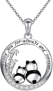 [YangQian] Panda Necklace Gifts I Love You Gifts for Couple Her Him Panda Bamboo Circle Pendant Rhinestone Animal Necklace Gifts