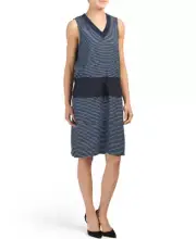 NEW KENNETH COLE BLUE STRIPS DRAWSTRING WAIST COTTON SHEATH DRESS SIZE L $99