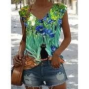 Women's Shirt Blouse Leaf Cat Vintage Tropical Stylish Sleeveless Strap Regular Tops Daily Print Yellow Light Green Blue Orange Green Summer Spring
