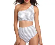 Women's single shoulder striped swimsuit split high waist Bikini Swimsuit - GREY WHITE