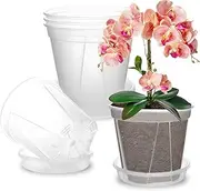 AONYIYI Transparent Orchid Pots, Pack of 5 14 cm Orchid Pots with Holes and Saucers Orchids for Indoor Outdoor Balcony Desk