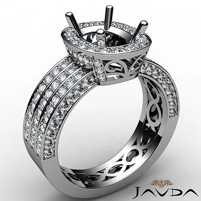 Cushion Semi Mount Halo 3 Row Pave Diamond Engagement Ring 14k White Gold1.42Ctw