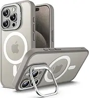 JETech Kickstand Case for iPhone 15 Pro Max 6.7-Inch Compatible with MagSafe, Built-in Adjustable Camera Stand, Translucent Matte Magnetic Back Slim Shockproof Phone Cover (Natural Titanium)