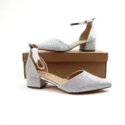 Womens Pumps PointedToe Low Chunky Heels Ankle Strap Closed Toe Silver Glitter 7