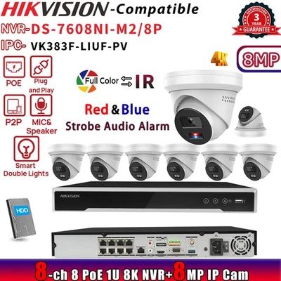 Hikvision 8CH NVR DS-7608NI-M2/8P 8POE hybrid ColorVu Speaker 8MP IP Camera Lot