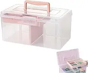 [FOREVERIE] Clear Plastic Sewing Box Organiser Large with a Removable Tray & Adjustable Partition, Office Supply Art & Craft Storage Box, Portable Travel Makeup Case (White & Pink)