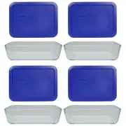 Pyrex (4) 7210 3-Cup Glass Dishes and (4) 7210-PC Cadet Blue Lids