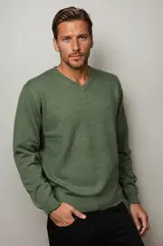 Ansett Moss Green Cashmere Merino Wool V Neck Jumper