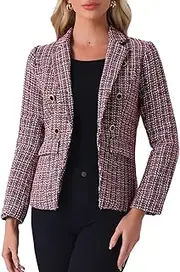 Allegra K Women's Elegant Plaid Jacket Long Sleeve Open Front Tweed Blazer