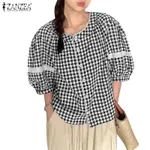 ZANZEA 女式韓版半袖圓領格子拼接格子襯衫
