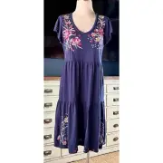 Johnny Was Jessica Tiered Whimsical Peacock Embroidered Midi Dress XS