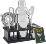 Mixology Bartender Kit - 8-Piece Silver Cocktail Shaker Set with Black Wood Stan